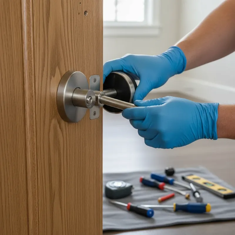 technician installing smart lock, checking deadbolt extension into doorframe